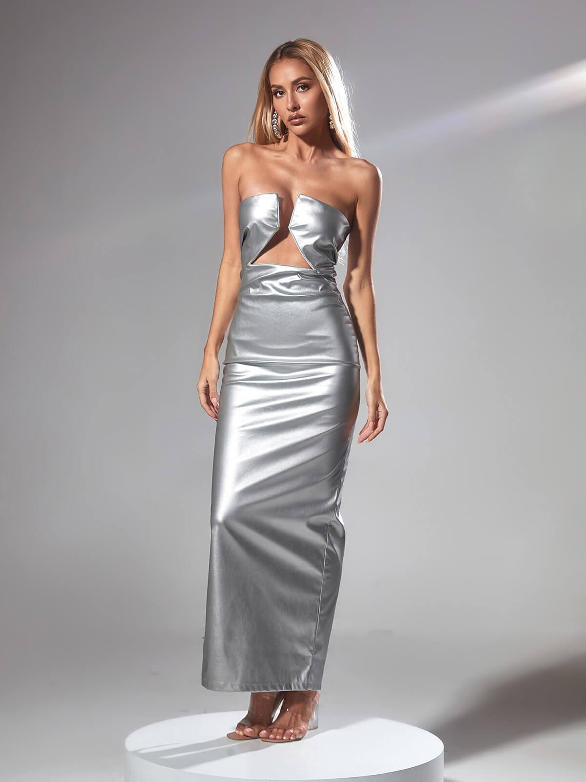 Strapless V Notch Bust Triangle Cutout Metallic Column Maxi Gown 4