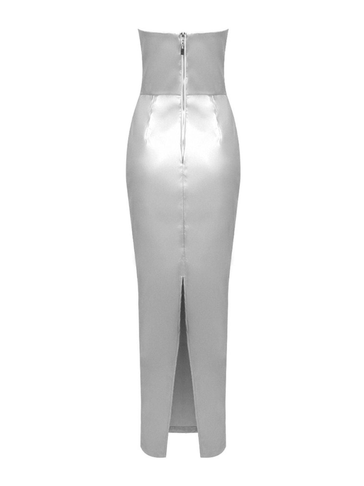 Strapless V Notch Bust Triangle Cutout Metallic Column Maxi Gown 8