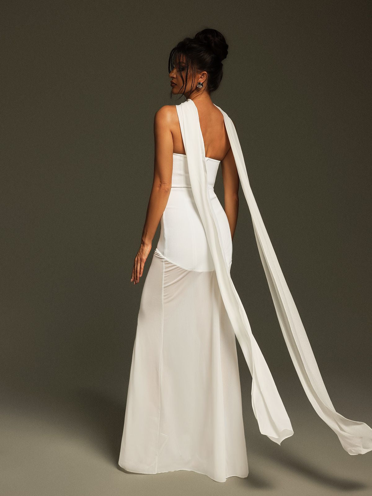 Strapless Corset Bodice Asymmetric Neckline Sheer Scarf Drape Floor Length Gown 6