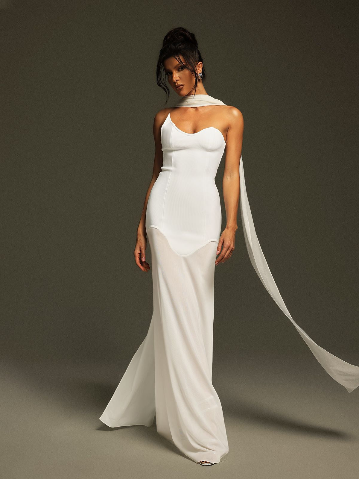 Strapless Corset Bodice Asymmetric Neckline Sheer Scarf Drape Floor Length Gown 4