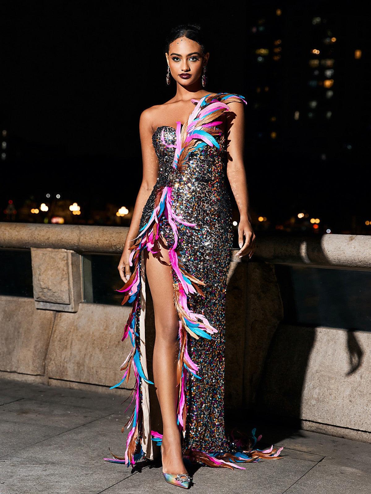One Shoulder Sequin Diagonal Feather Trim High Slit Maxi Gown