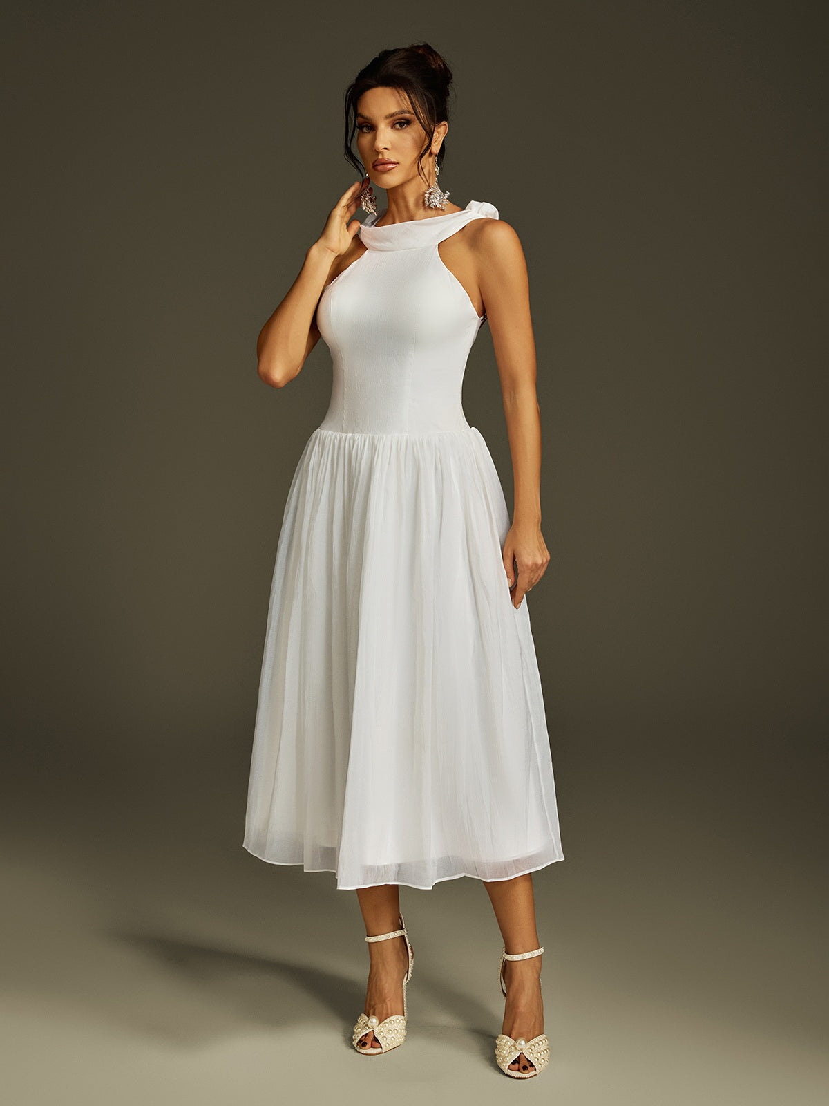 Halter Draped Neck Wrap Back Pleated Chiffon Midi Dress 5