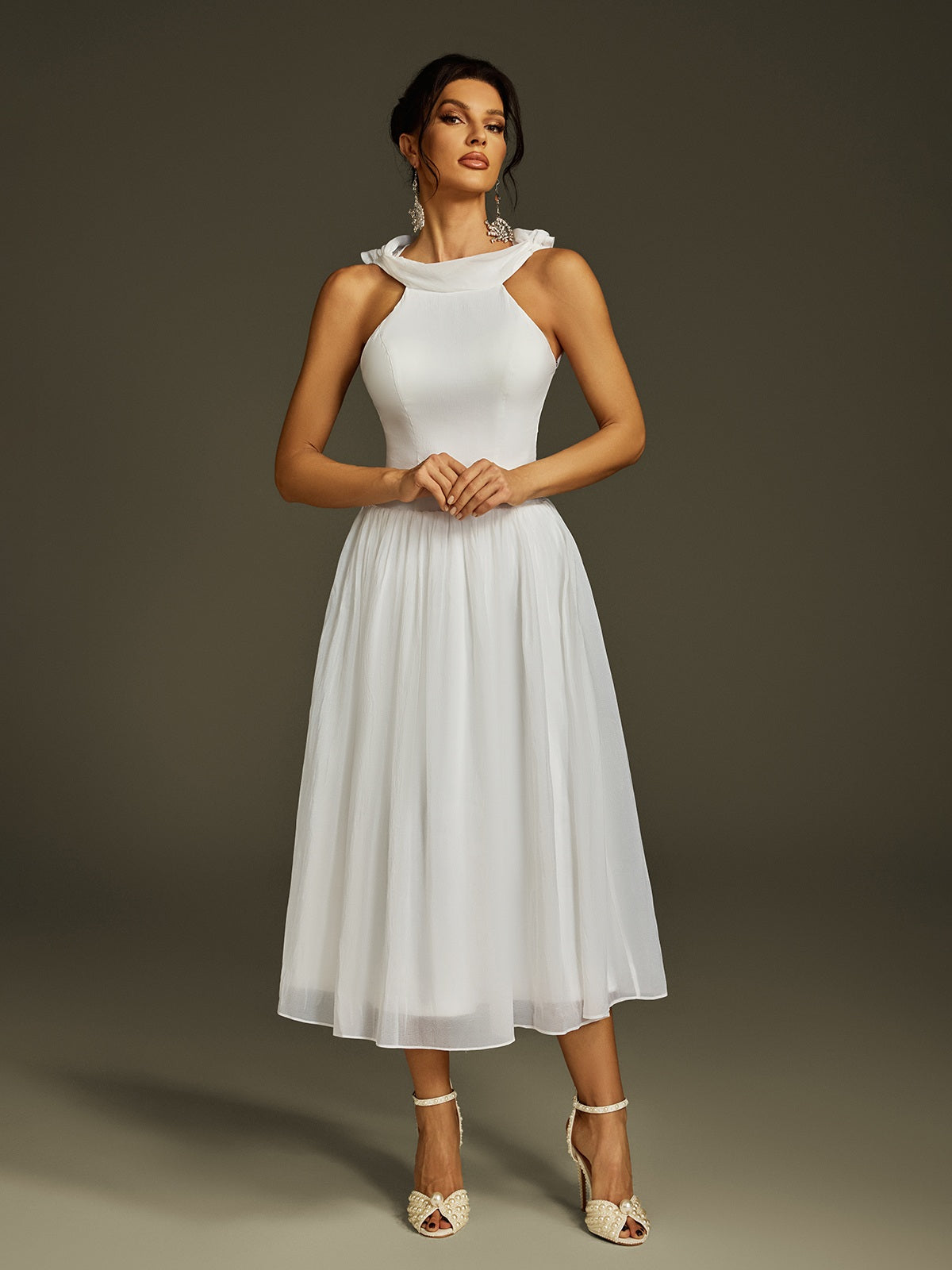 Halter Draped Neck Wrap Back Pleated Chiffon Midi Dress