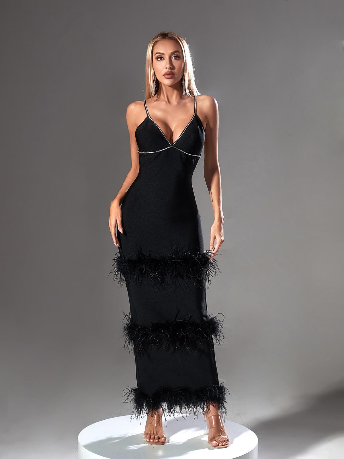 Deep V Spaghetti Strap Rhinestone Trim Tiered Feather Bandage Maxi Gown