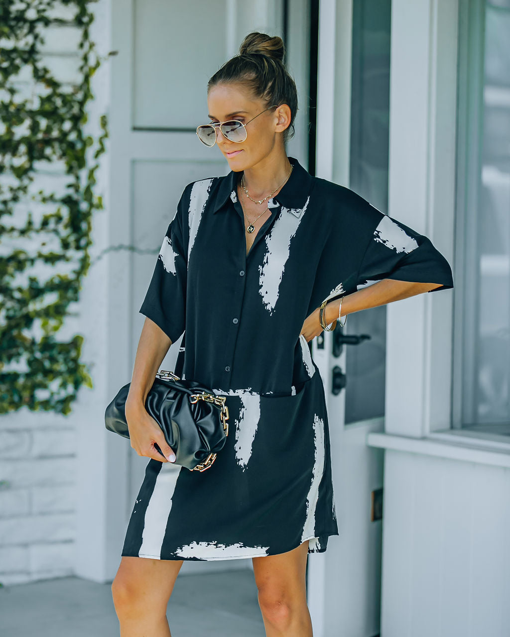 Collared Brushstroke Print Pocket Shirt Mini Dress 9