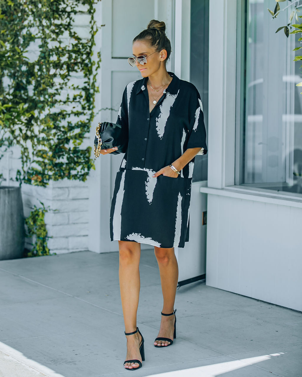 Collared Brushstroke Print Pocket Shirt Mini Dress