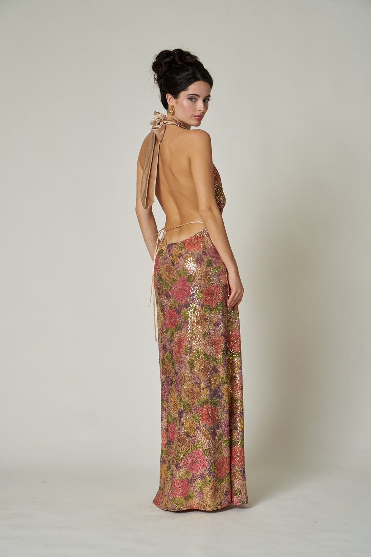 Halter Deep V Sequin Abstract Floral Column Maxi Gown 4