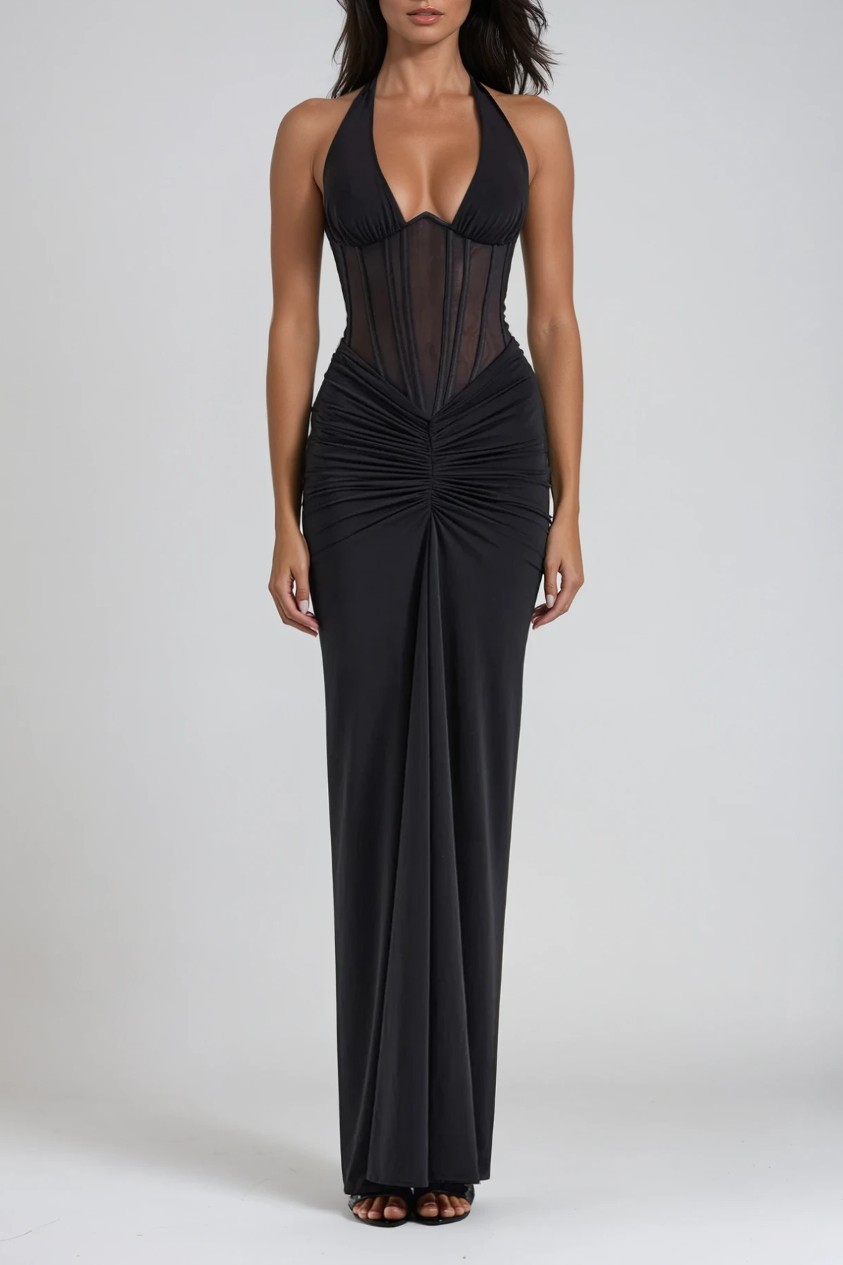 Halter V Corset Mesh Triangle Panel Ruched Waist Maxi Gown