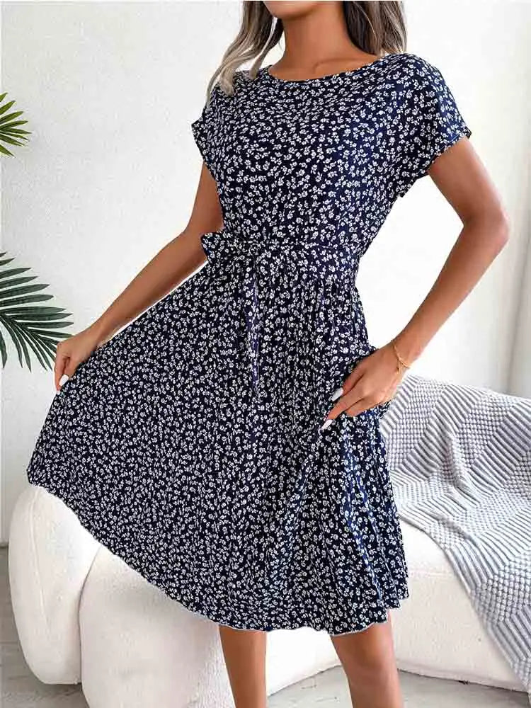 Ditsy Floral Cap Sleeve Round Neck Belted Pleated Fit and Flare Midi Dress 7