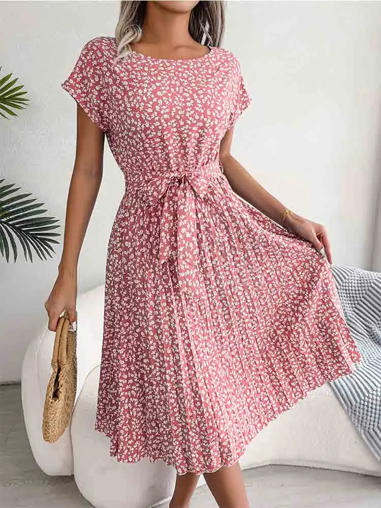 Ditsy Floral Cap Sleeve Round Neck Belted Pleated Fit and Flare Midi Dress 10