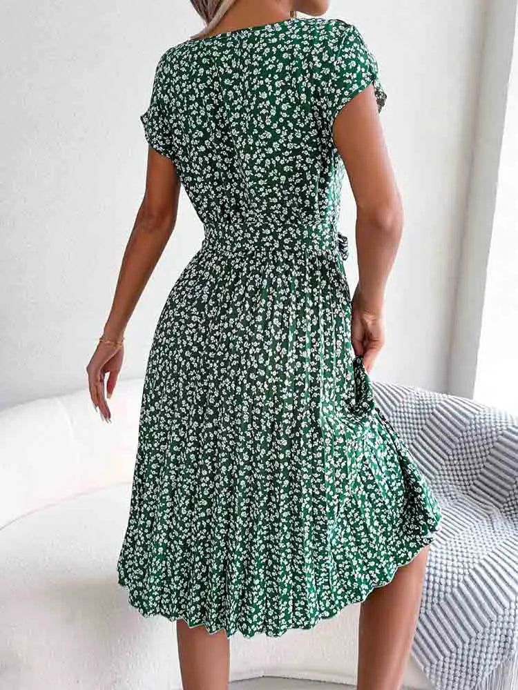 Ditsy Floral Cap Sleeve Round Neck Belted Pleated Fit and Flare Midi Dress 2