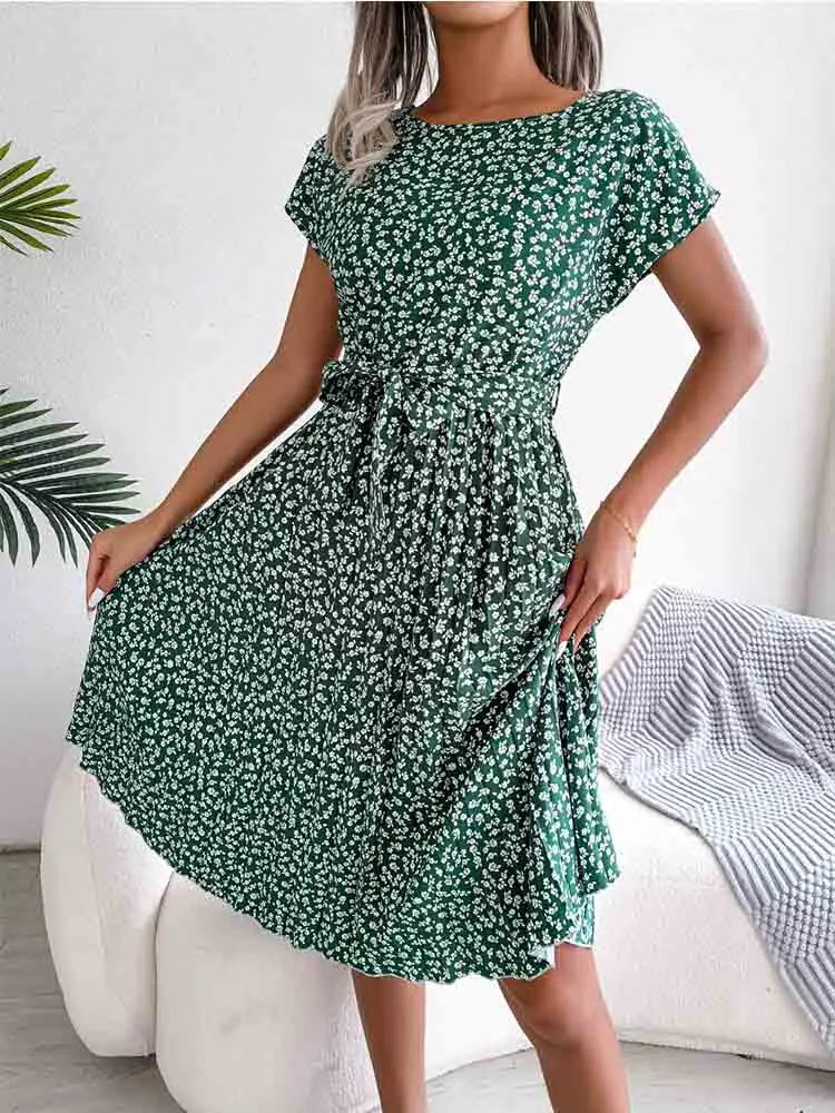 Ditsy Floral Cap Sleeve Round Neck Belted Pleated Fit and Flare Midi Dress 9