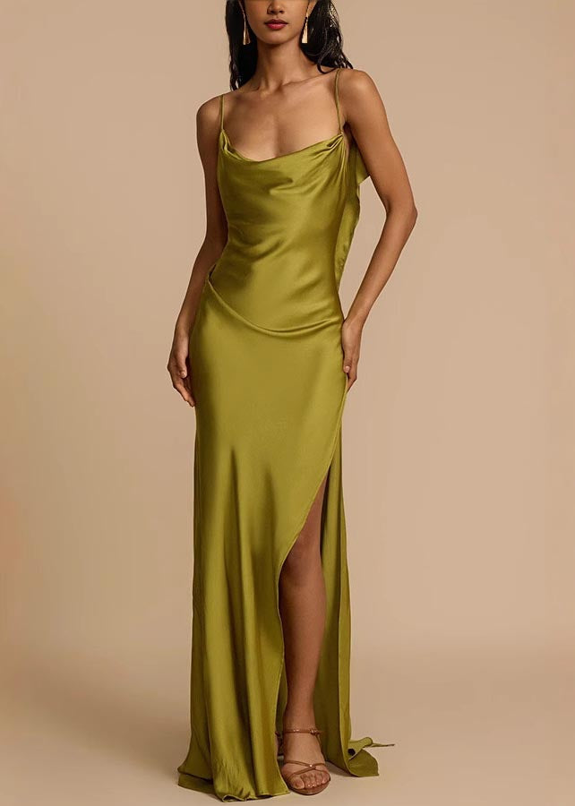 Cowl Neck Spaghetti Strap Side Slit Satin Floor-Length Gown