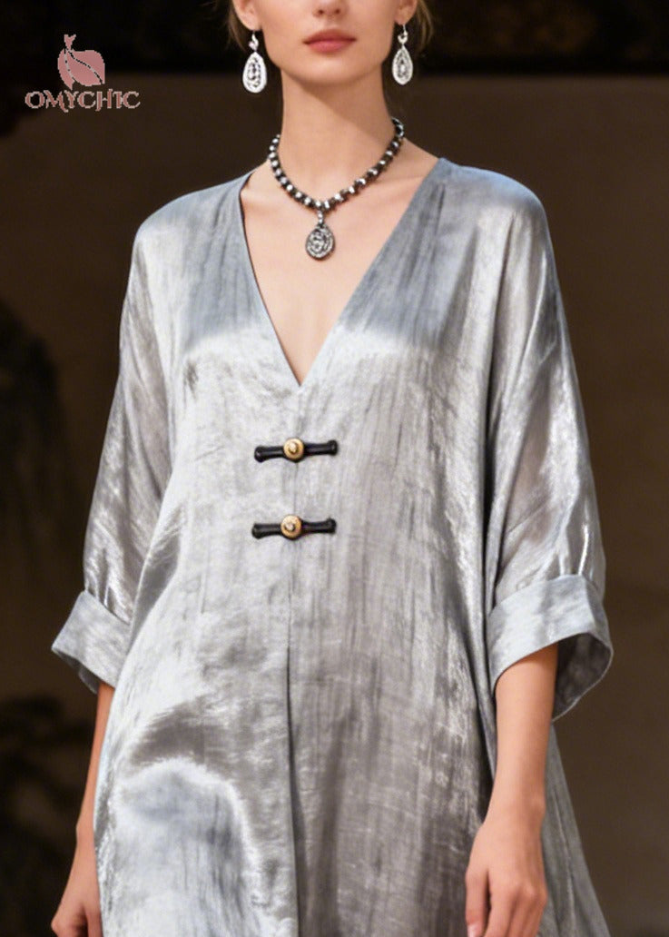 Deep V-Neck Frog Button Crinkle Metallic Wide Sleeve Maxi Gown 2