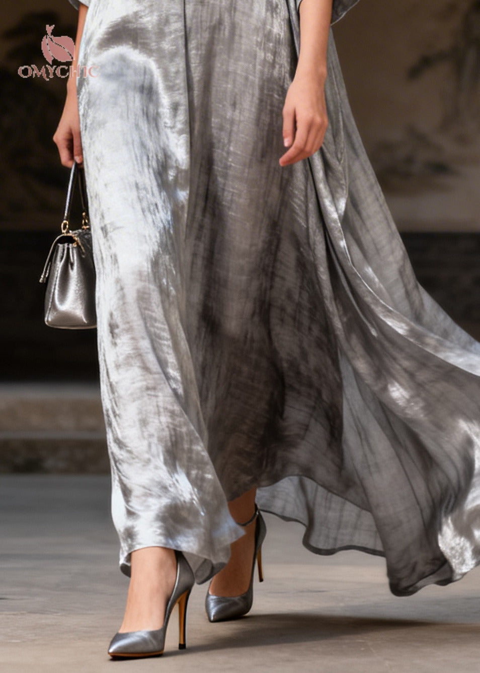 Deep V-Neck Frog Button Crinkle Metallic Wide Sleeve Maxi Gown 4