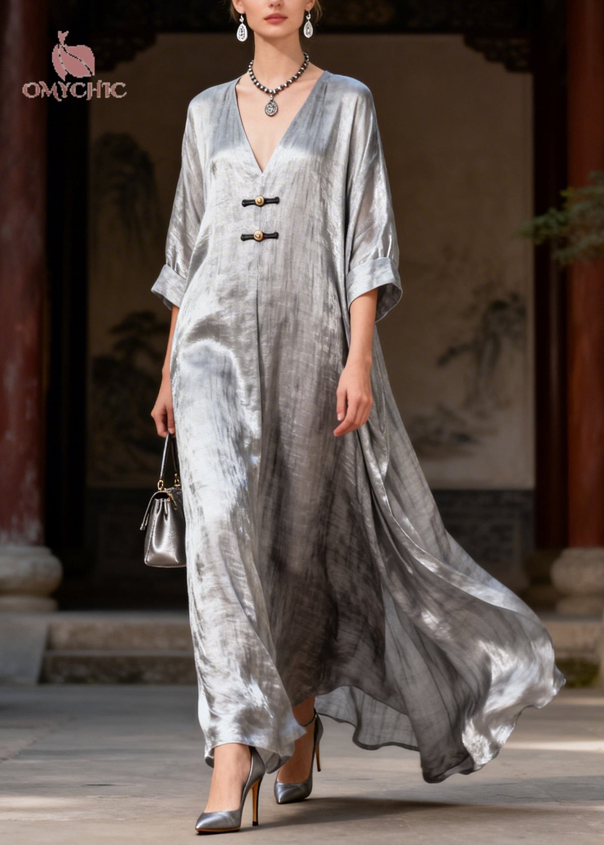 Deep V-Neck Frog Button Crinkle Metallic Wide Sleeve Maxi Gown 5