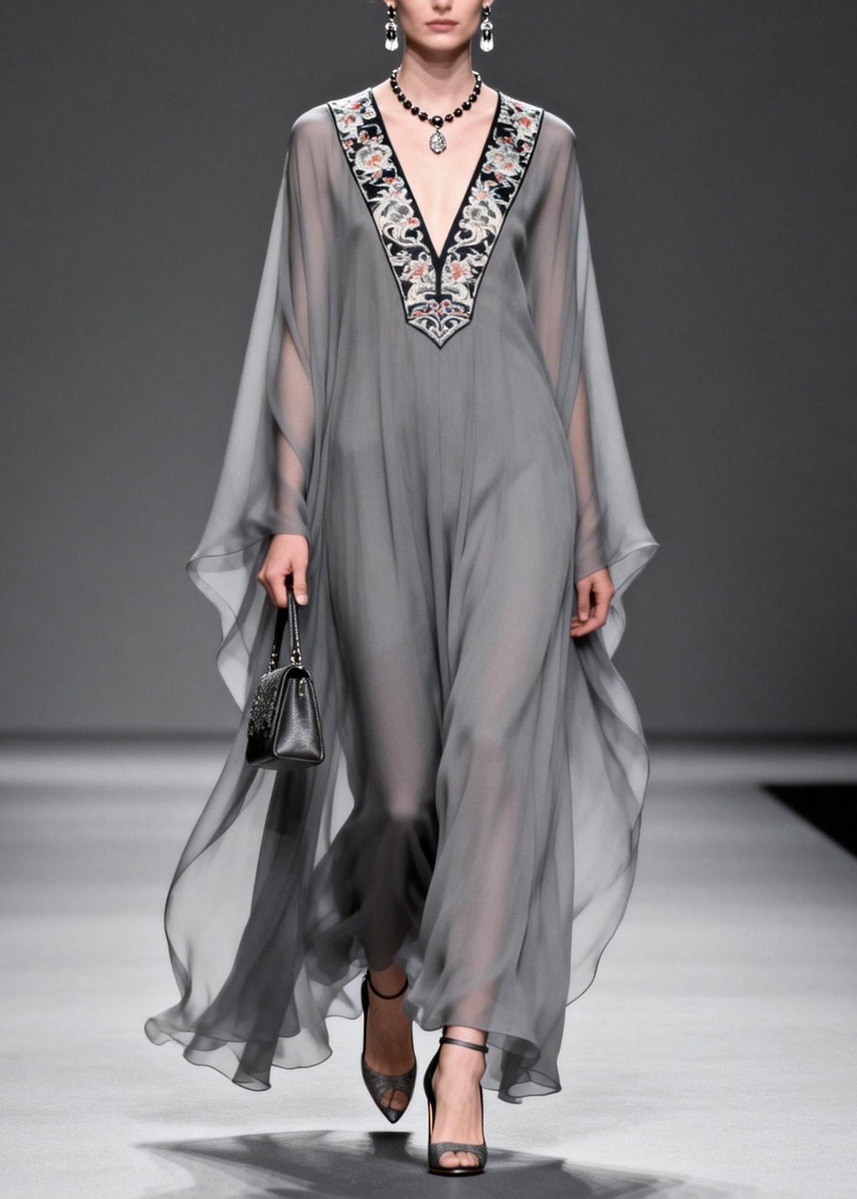 Deep V Neck Embroidered Bib Panel Chiffon Kaftan Maxi Dress 5