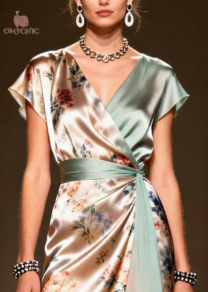Surplice V-Neck Cap Sleeve Floral Wrap Handkerchief Hem Midi Dress 2