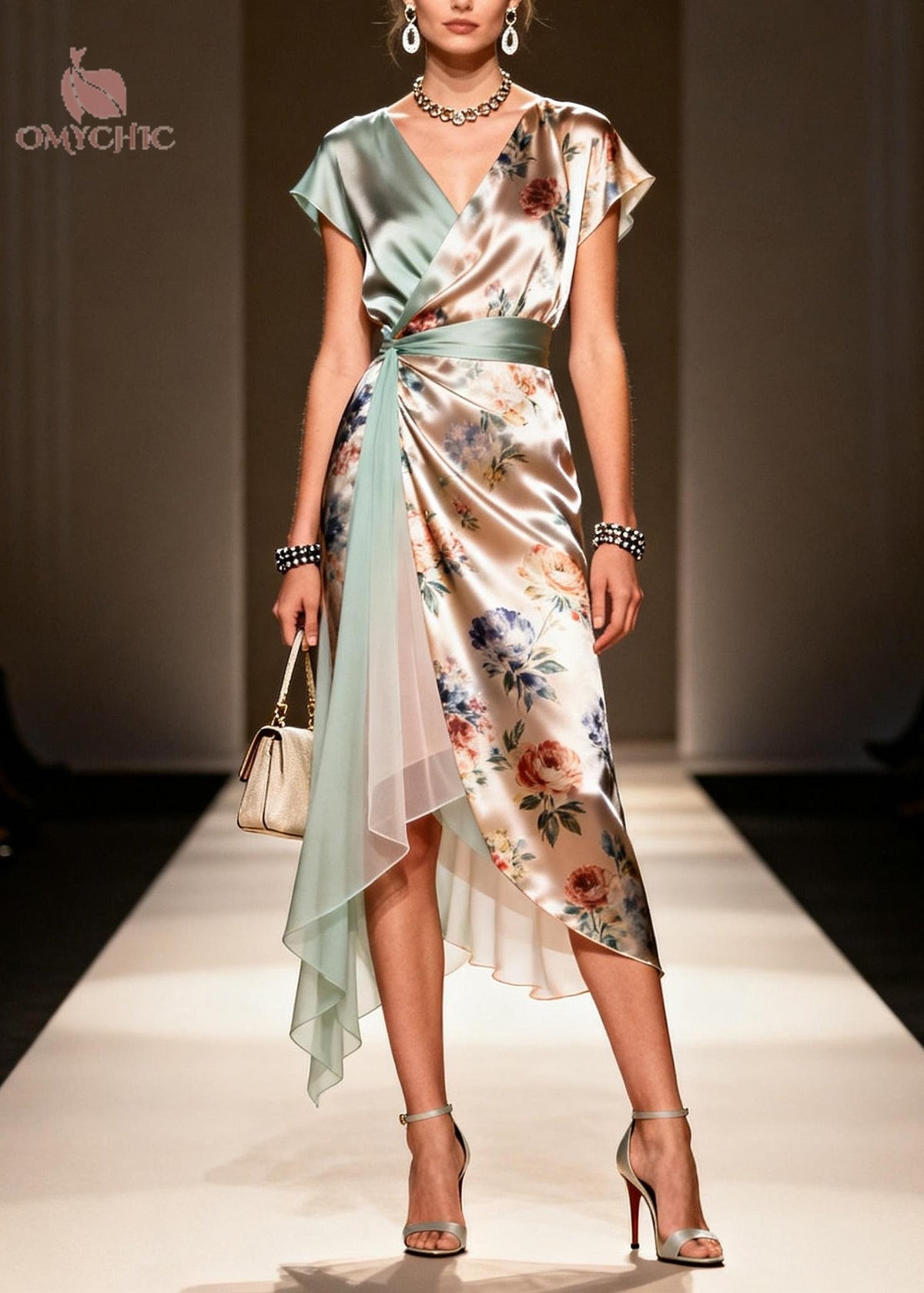 Surplice V-Neck Cap Sleeve Floral Wrap Handkerchief Hem Midi Dress 3