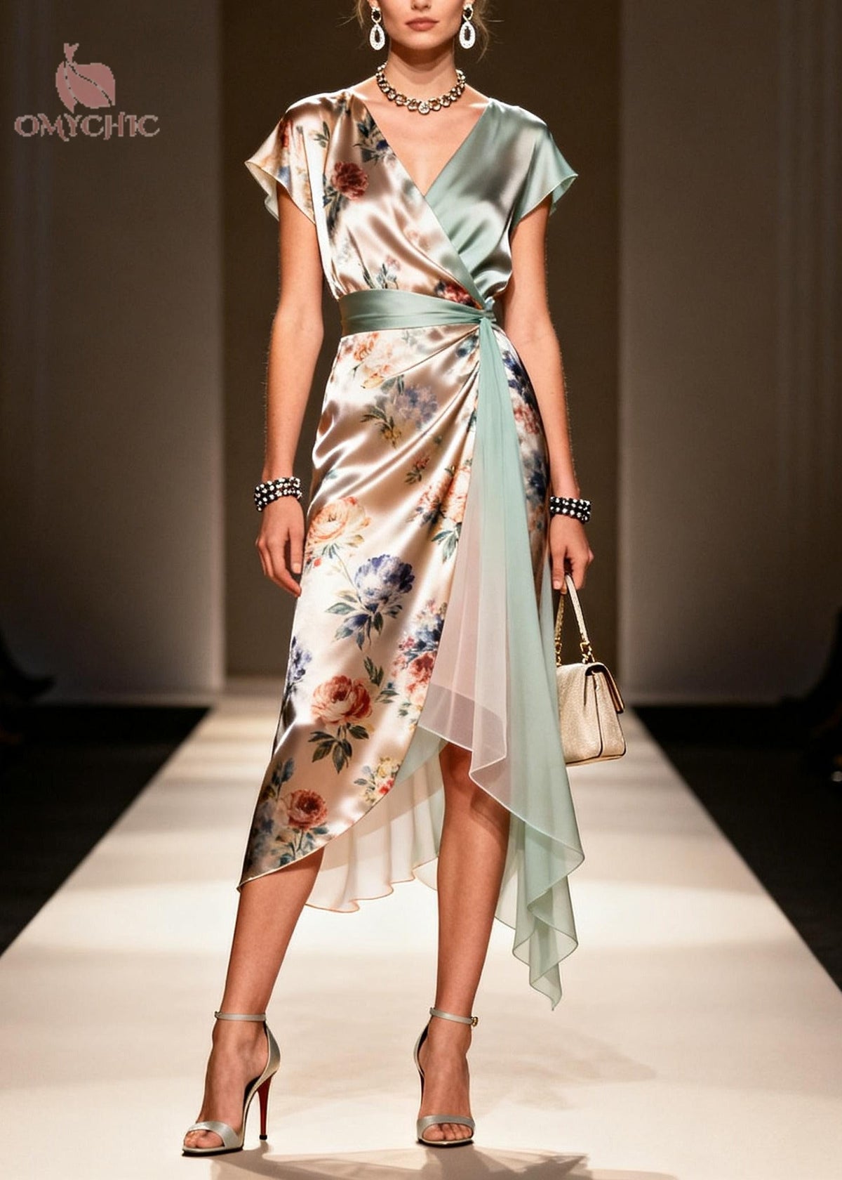 Surplice V-Neck Cap Sleeve Floral Wrap Handkerchief Hem Midi Dress 5