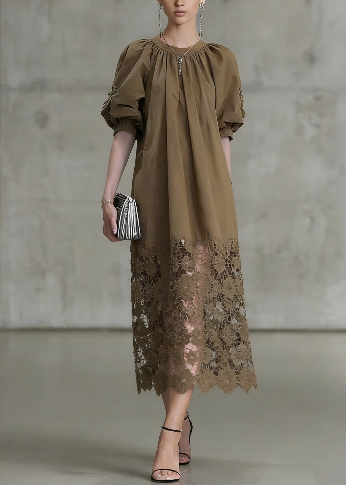 Gathered Neck Puff Sleeve Lace Panel Insert Midi Dress