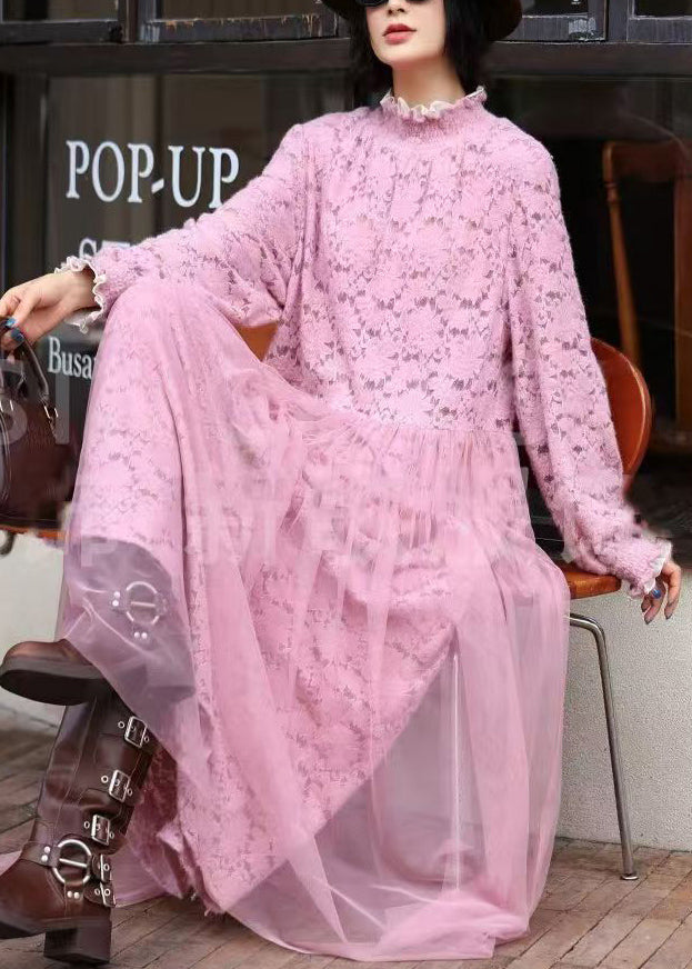 Floral Lace Mock Neck Long Sleeve Tiered Tulle Maxi Dress 3