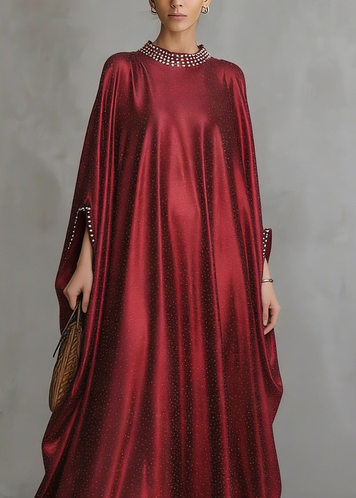 Crew Neck Pearl Trim Wide Sleeve Shimmering Metallic Floor-Length Gown 2