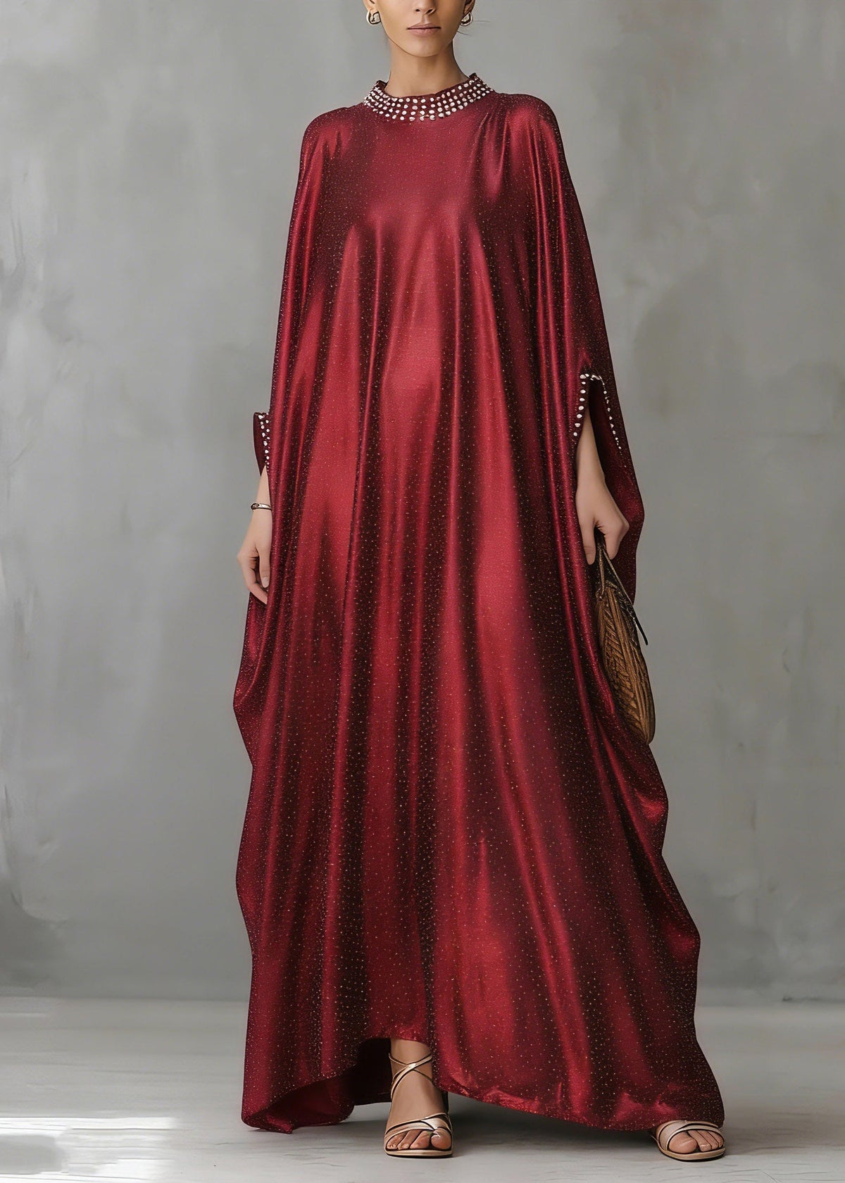 Crew Neck Pearl Trim Wide Sleeve Shimmering Metallic Floor-Length Gown 3