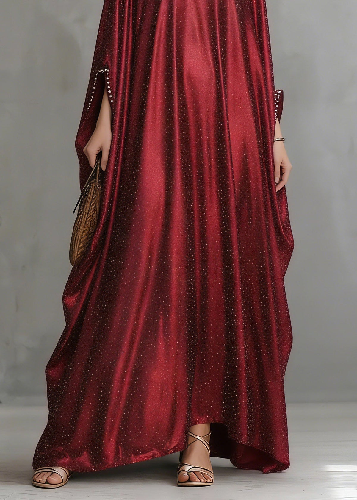 Crew Neck Pearl Trim Wide Sleeve Shimmering Metallic Floor-Length Gown 4