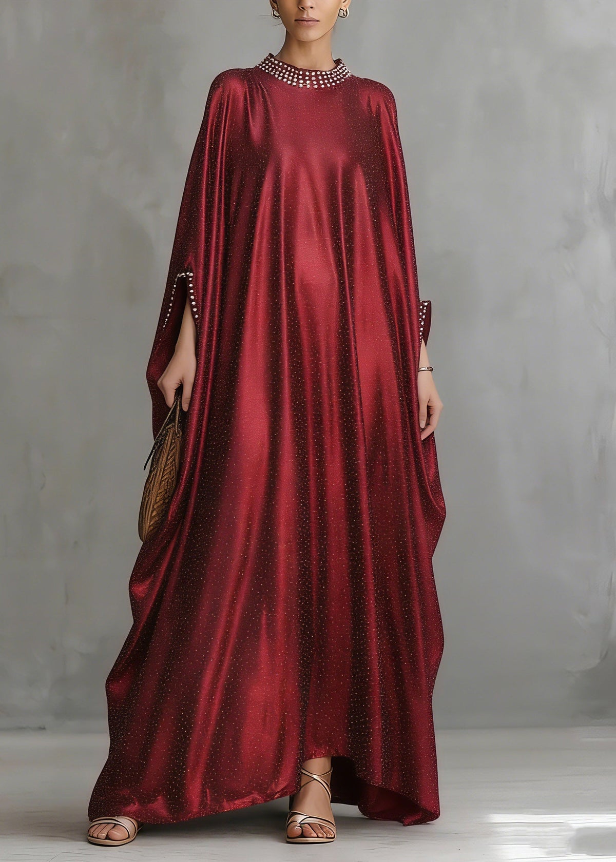 Crew Neck Pearl Trim Wide Sleeve Shimmering Metallic Floor-Length Gown 5