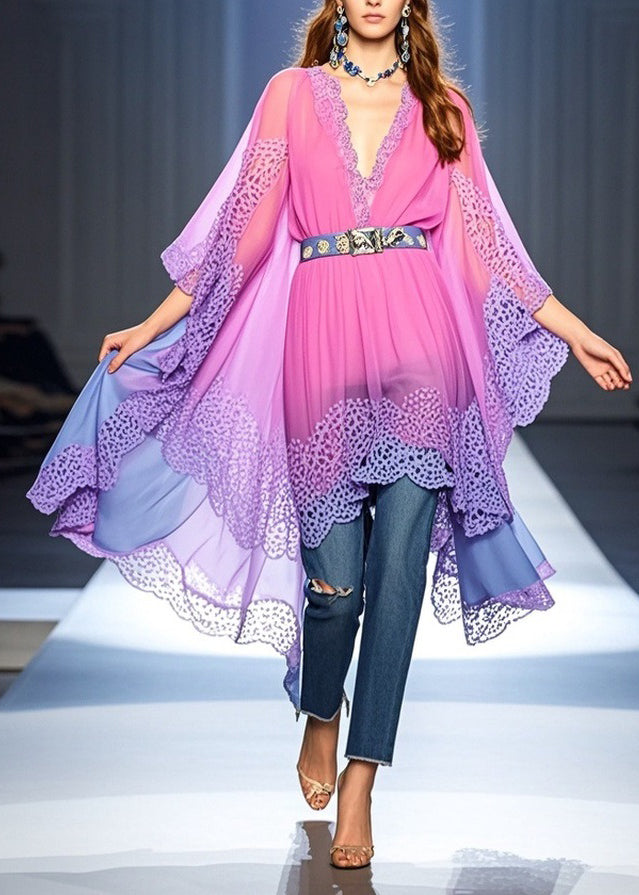 Deep V-Neck Lace Trim Batwing Sleeve Belted Sheer Kaftan Top