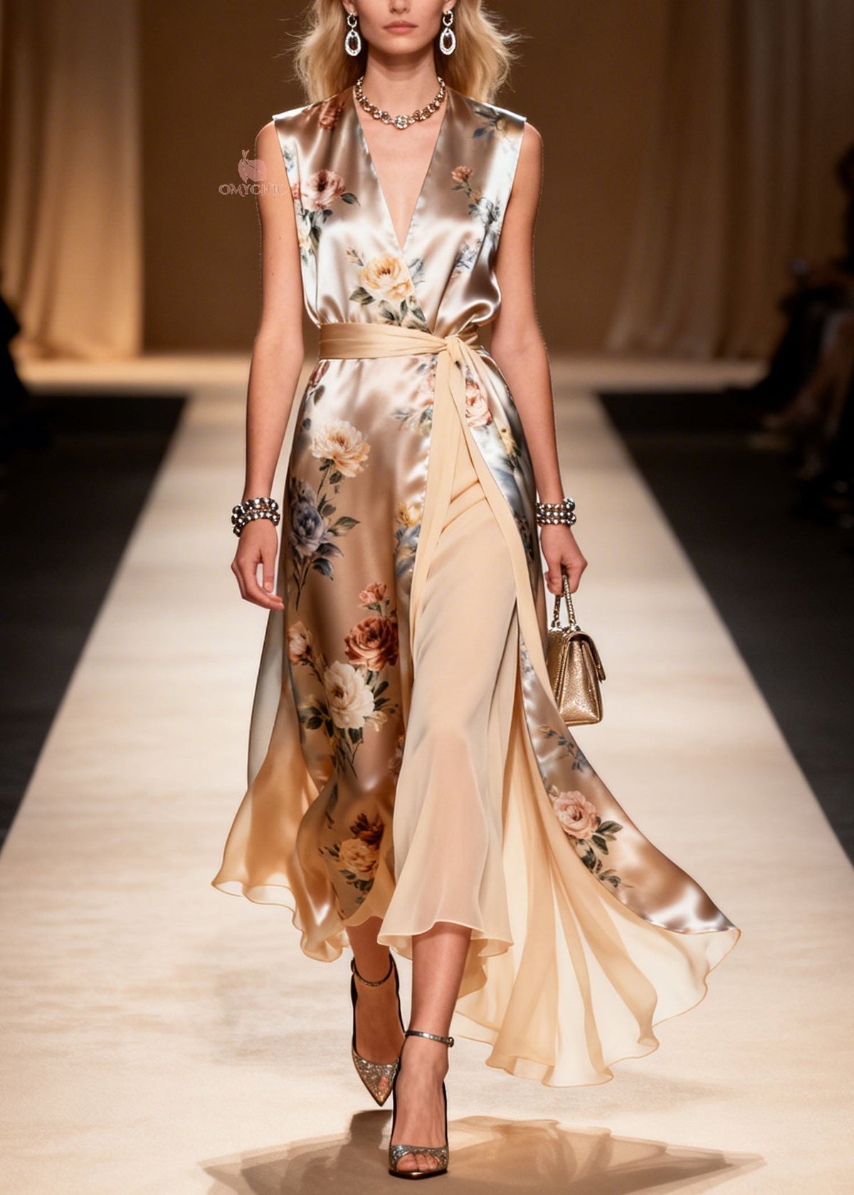 Deep V-Neck Wrap Sash Floral Print Tiered Ruffle Maxi Gown
