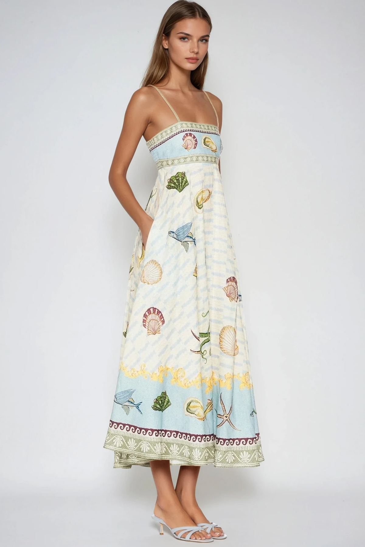 Square Neck Spaghetti Strap Sea Life Nautical Print A Line Midi Dress 3