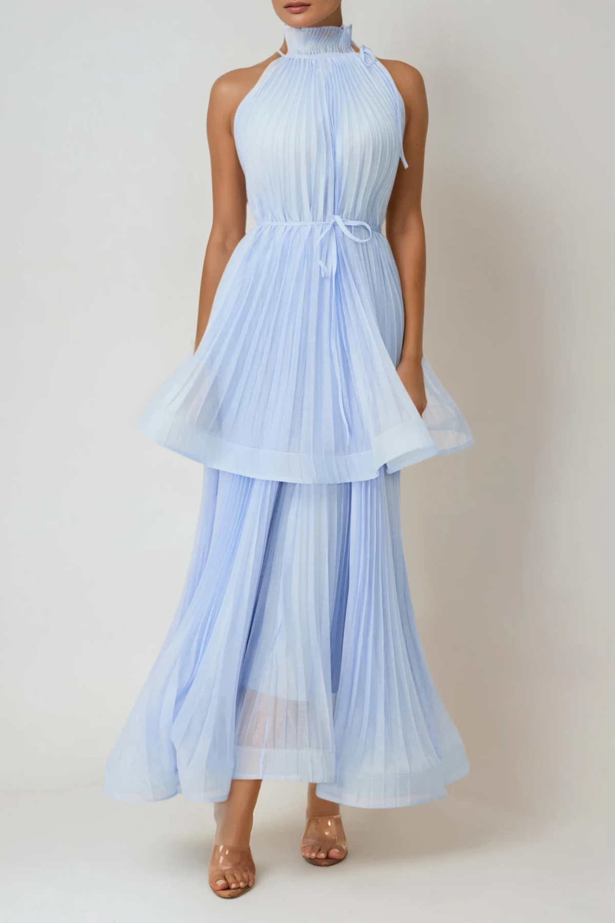 Halter Ruffle Neck Accordion Pleat Tiered Overlay Maxi Gown