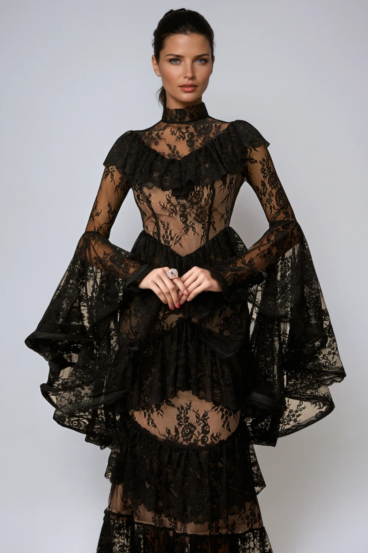 Mock Neck Lace Ruffle Shoulder Tiered Bell Sleeve High Low Ruffle Maxi Dress 4