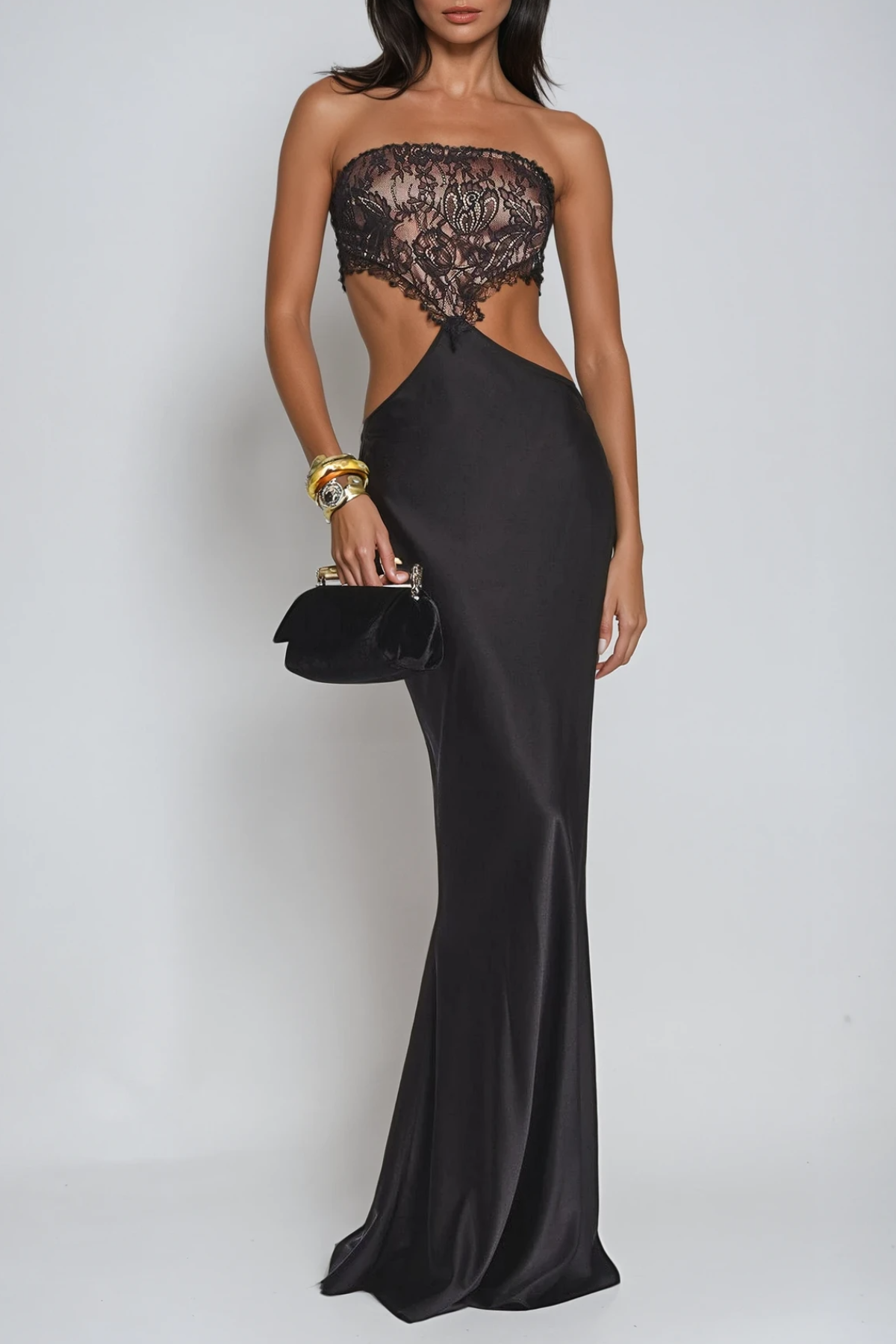 Strapless Lace Overlay Waist Cutout Satin Column Gown
