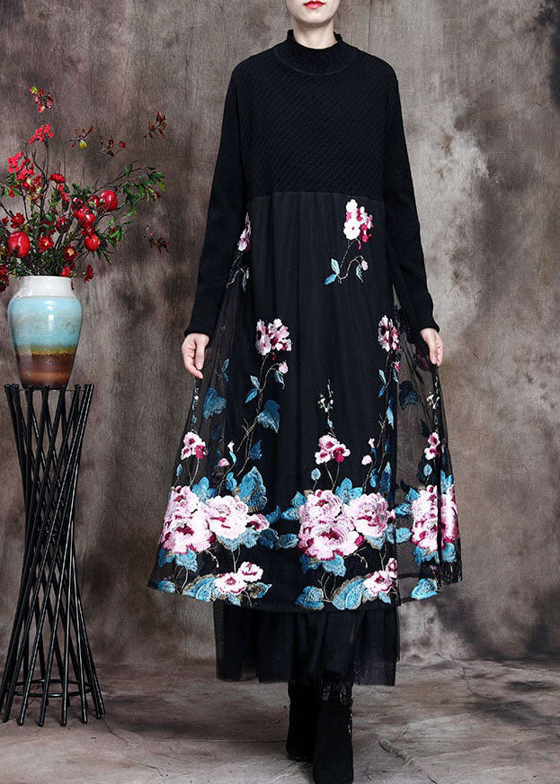 Mock Neck Floral Embroidered Sheer Mesh Overlay Knit Bodice Midi Dress