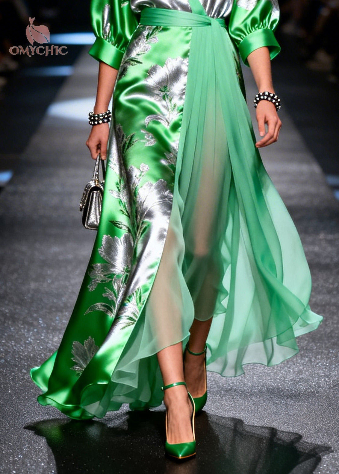 Deep V-Neck Puff Sleeve Floral Jacquard Wrap Tie Waist Sheer Panel Gown 4
