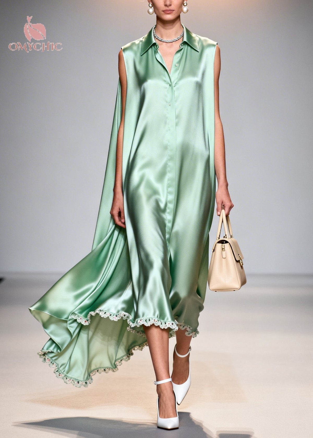 Sleeveless Button Front High-Low Lace Trim Shirt Dress