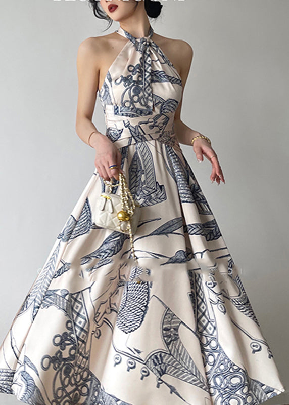 Halter Neck Criss Cross Waistband Architectural Line Art Print Maxi Gown