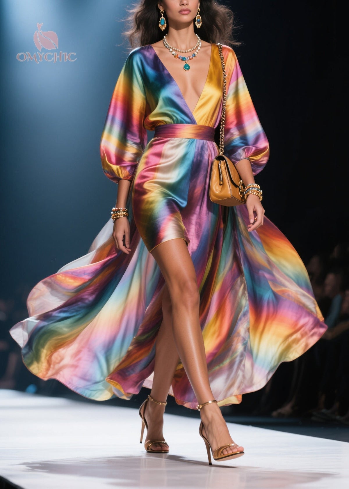 Deep V-Neck Balloon Sleeve Satin Rainbow Gradient High-Slit Maxi Dress 5