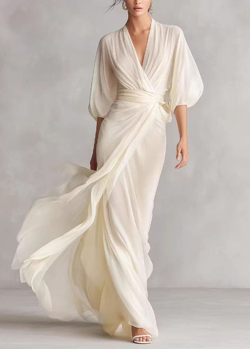Pleated Wrap Front Balloon Sleeve Maxi Gown