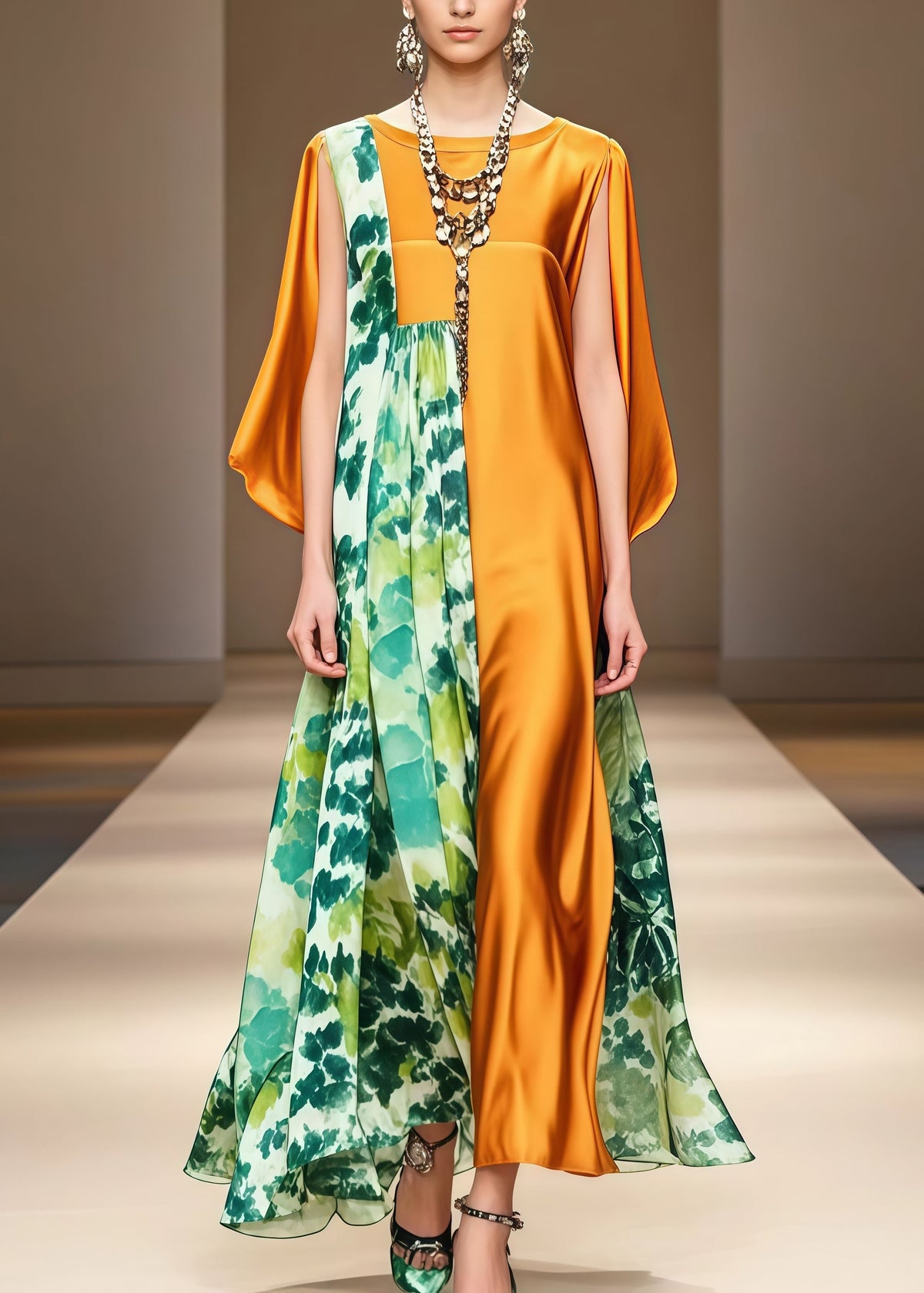 Boat Neck Contrast Panel Botanical Print Cape Sleeve Floor Length Gown
