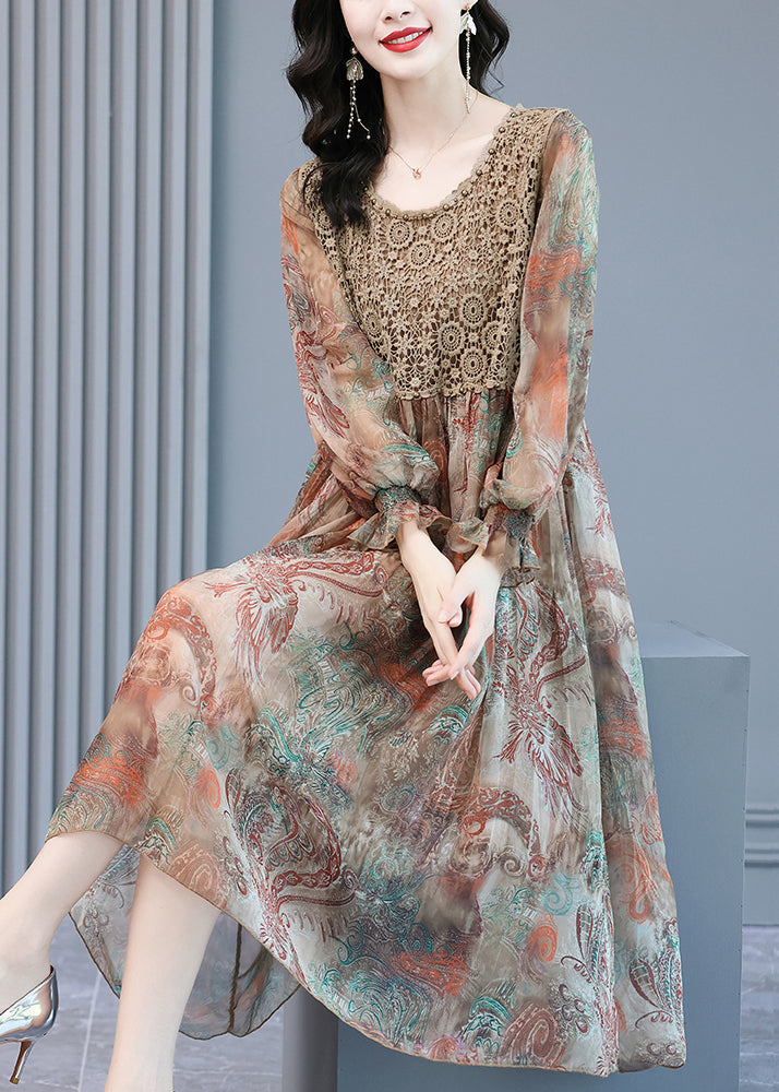 Crochet Lace Yoke Paisley Print Lantern Sleeve Midi Dress