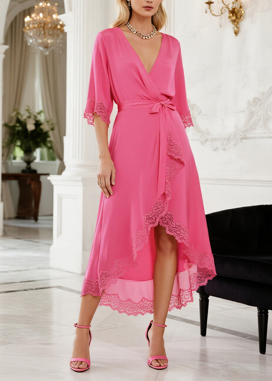 Deep V-Neck Wrap Lace Trim Cuff Scalloped High-Low Midi Dress