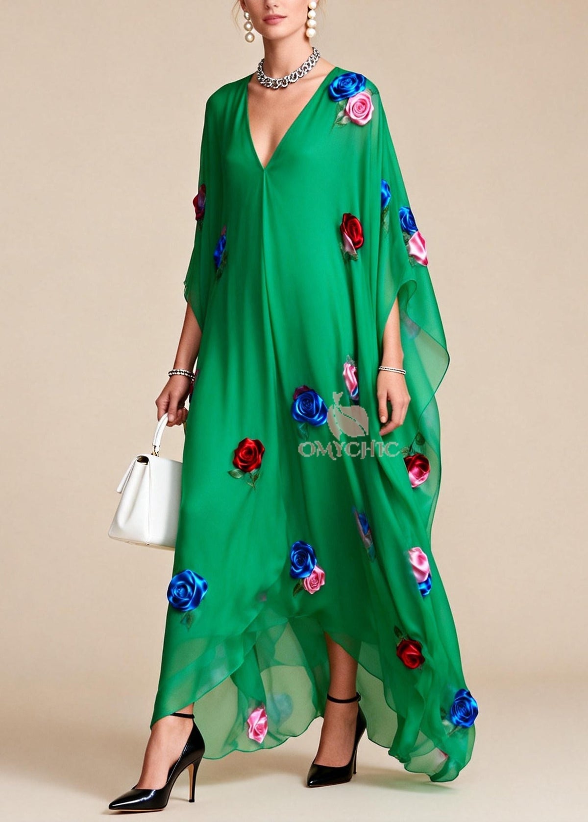 Deep V-Neck Cape Sleeve 3D Rosette Asymmetrical High Low Chiffon Maxi Gown
