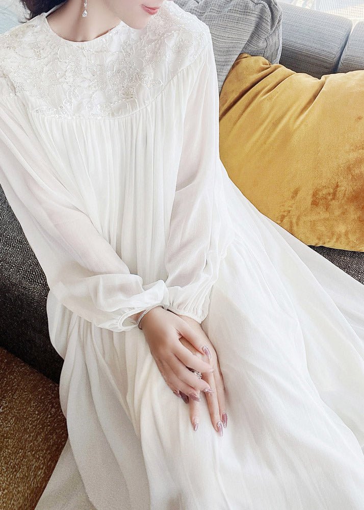 Embroidered Yoke Lantern Sleeve Pleated Chiffon Maxi Dress 2