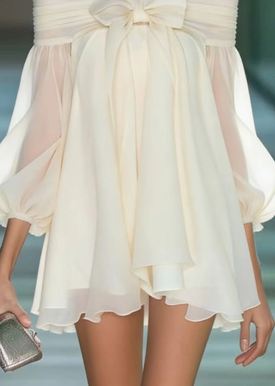 Off Shoulder Bow Front Puff Sleeve Chiffon Mini Dress 4