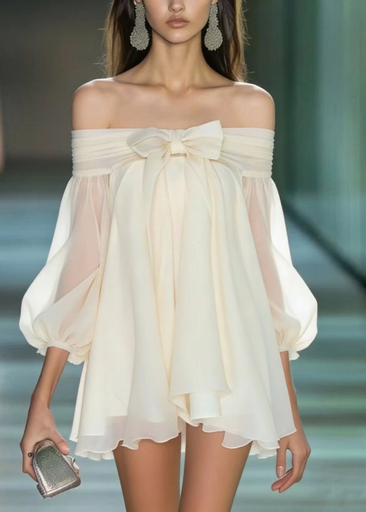 Off Shoulder Bow Front Puff Sleeve Chiffon Mini Dress 5