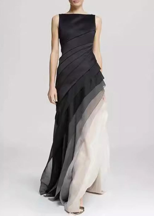 Sleeveless Boat Neck Diagonal Tiered Ombre Tulle Maxi Gown